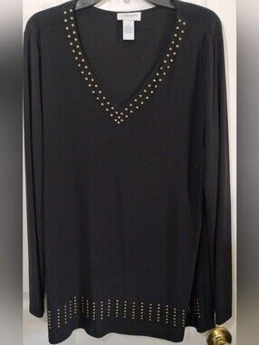 Carmen Black Long-Sleeve V-Neck Blouse with Gold Studs